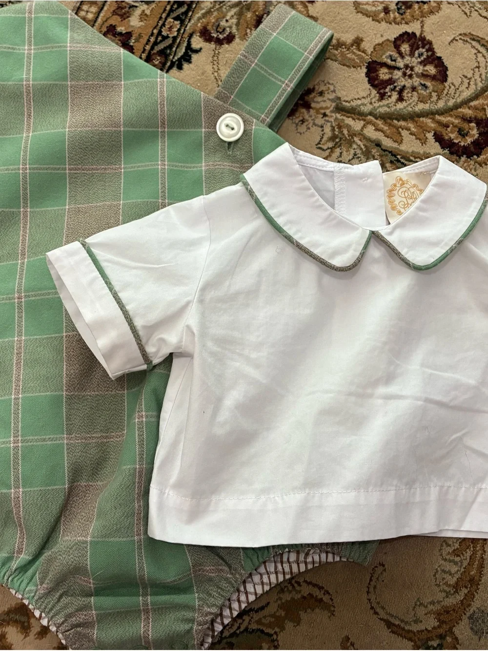 Green Plaid Baby Romper with White Collar